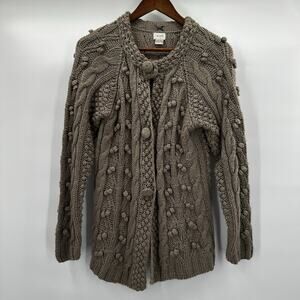Alps Sweater Womens Medium Beige Button Bobbles Chunky Cable Cardigan Wool Poms